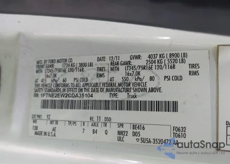 2012 Ford E-250 Commercial из США, поврежденный, VIN 1FTNE2EW2CDA35104